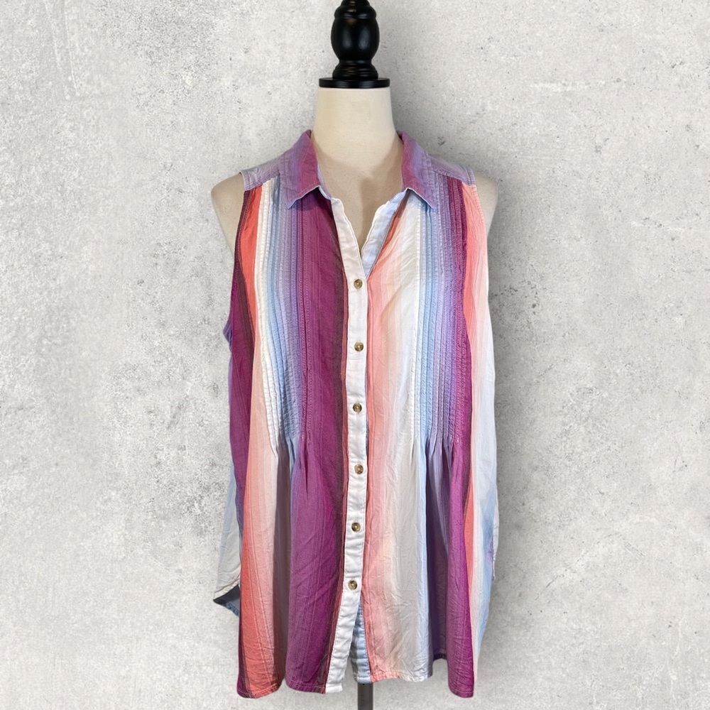 Terra & Sky Striped Button Down Sleeveless Shirt Purple Blue Pink, Size 0X 14W